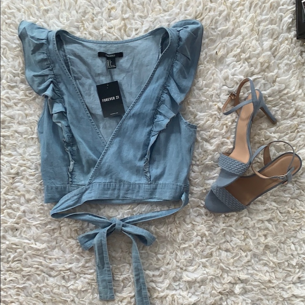 ❤️2for20❤️ Jean/Denim Ruffle sleeve wrap tie crop